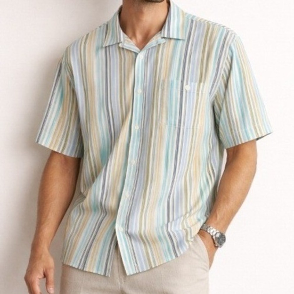 Trust Linen Blend Button Up Shirt Mens XL Blue Stripe Short Sleeve Casual Spring